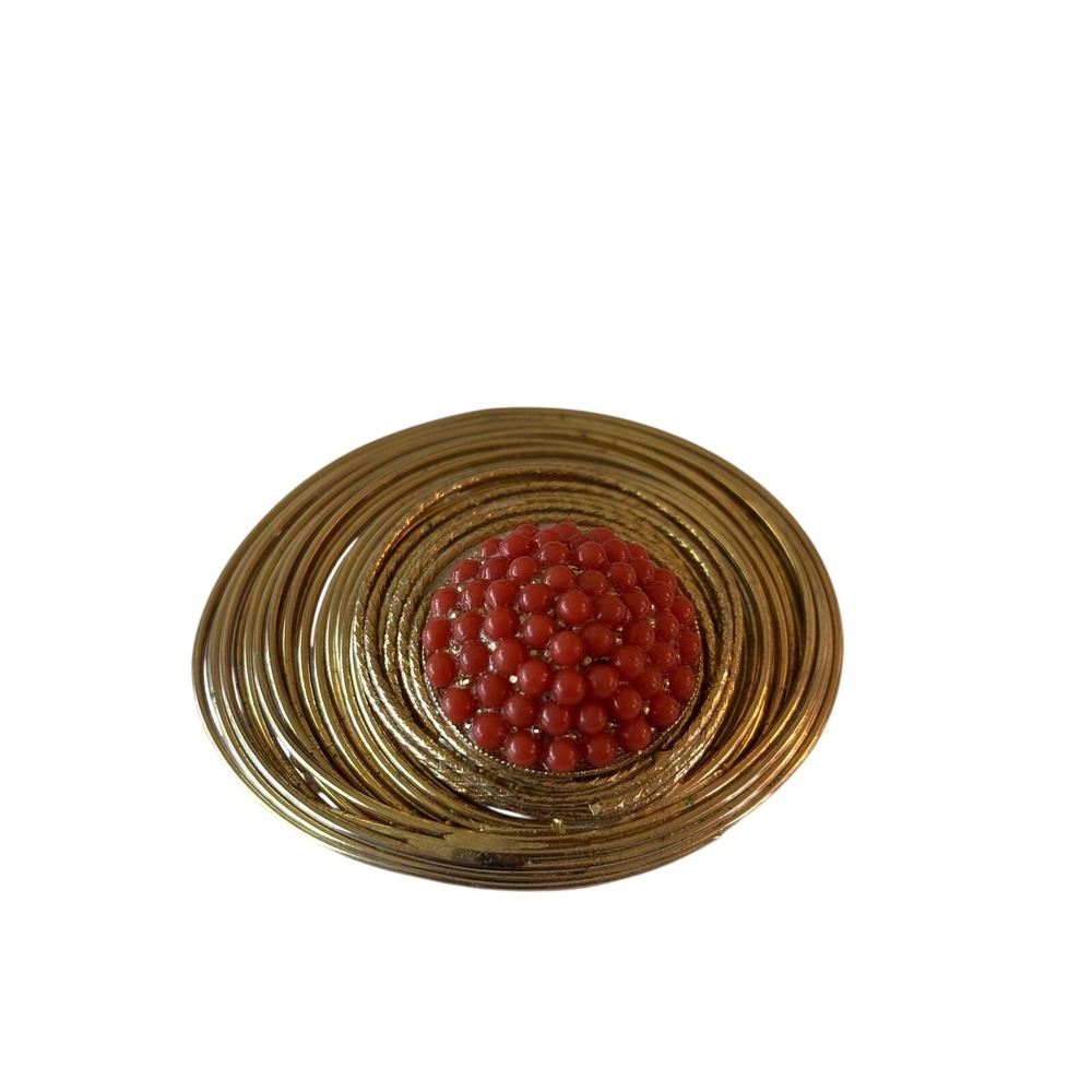 Coil Brooch Gold Coral 1960s‎ Modernist Slinky Vintage Pin
